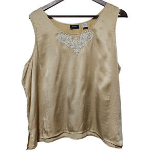 Resource 100% Silk Tank Top Size 18 Tan/Gold Lace Appliqué Neckline Lightweight